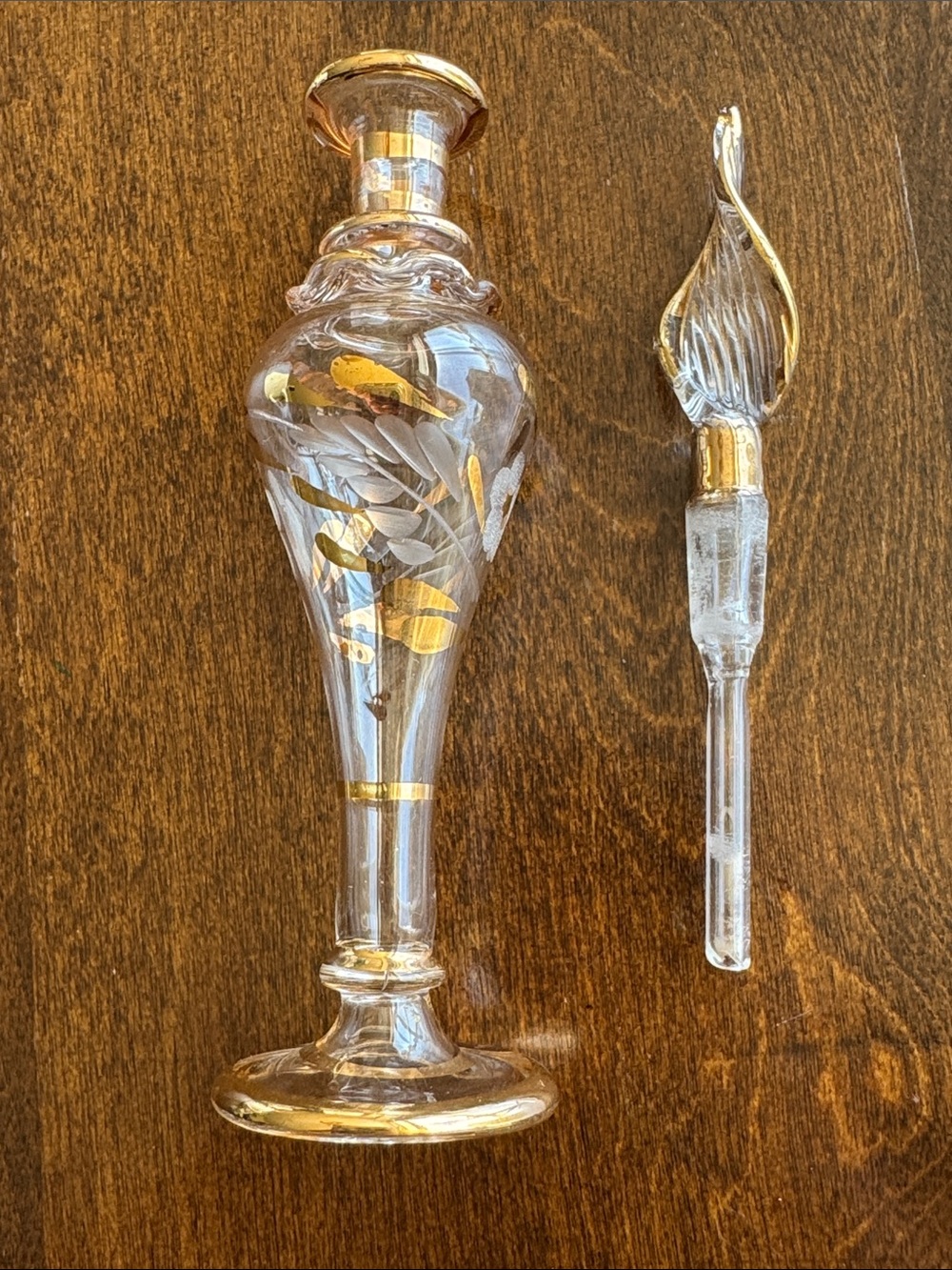 Vintage Egyptian Handblown & Painted Glass Perfume Bottle, Gold Leaf Accents